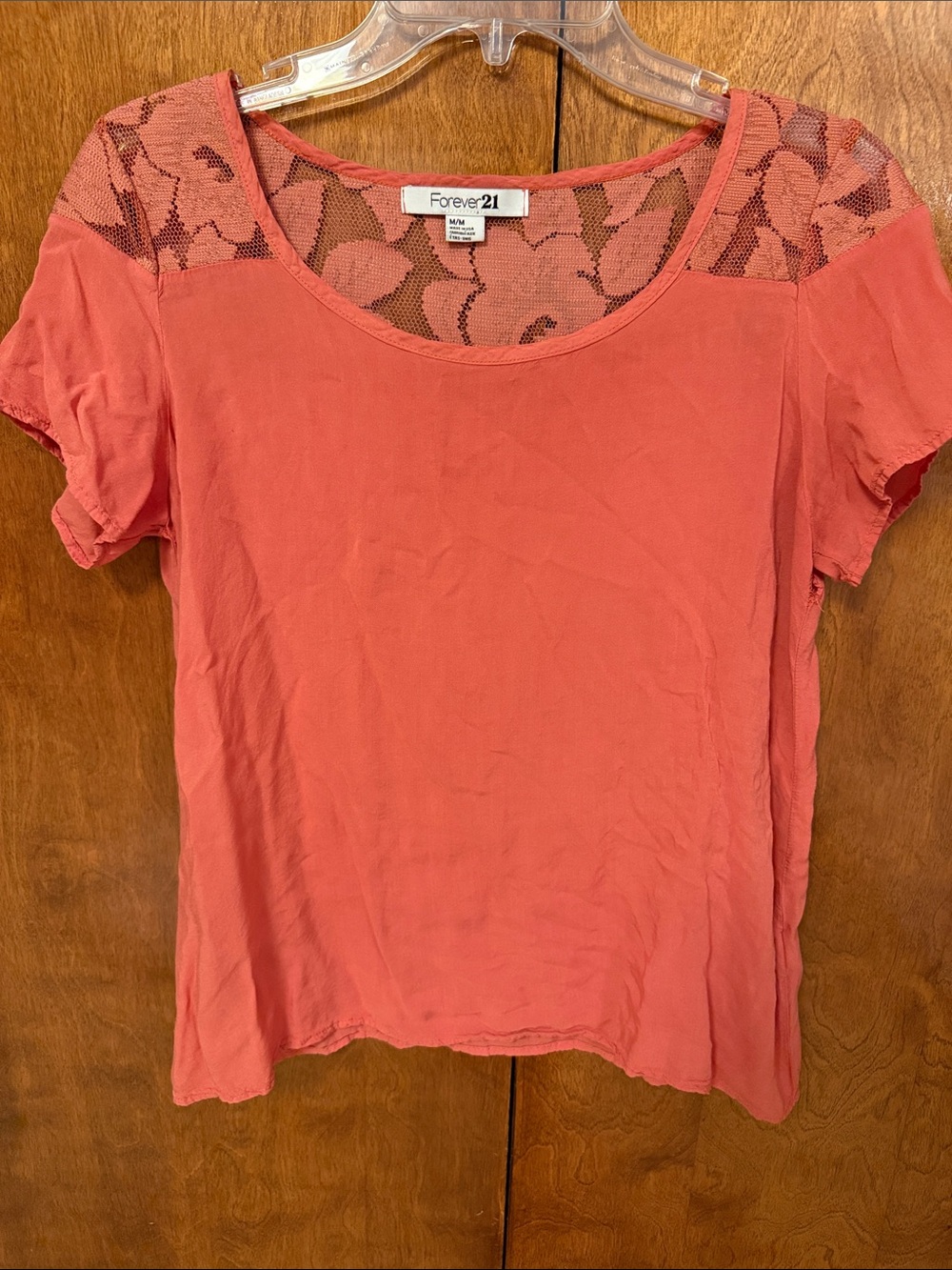 Forever 21 Coral Lace Yoke Short Sleeve Tee